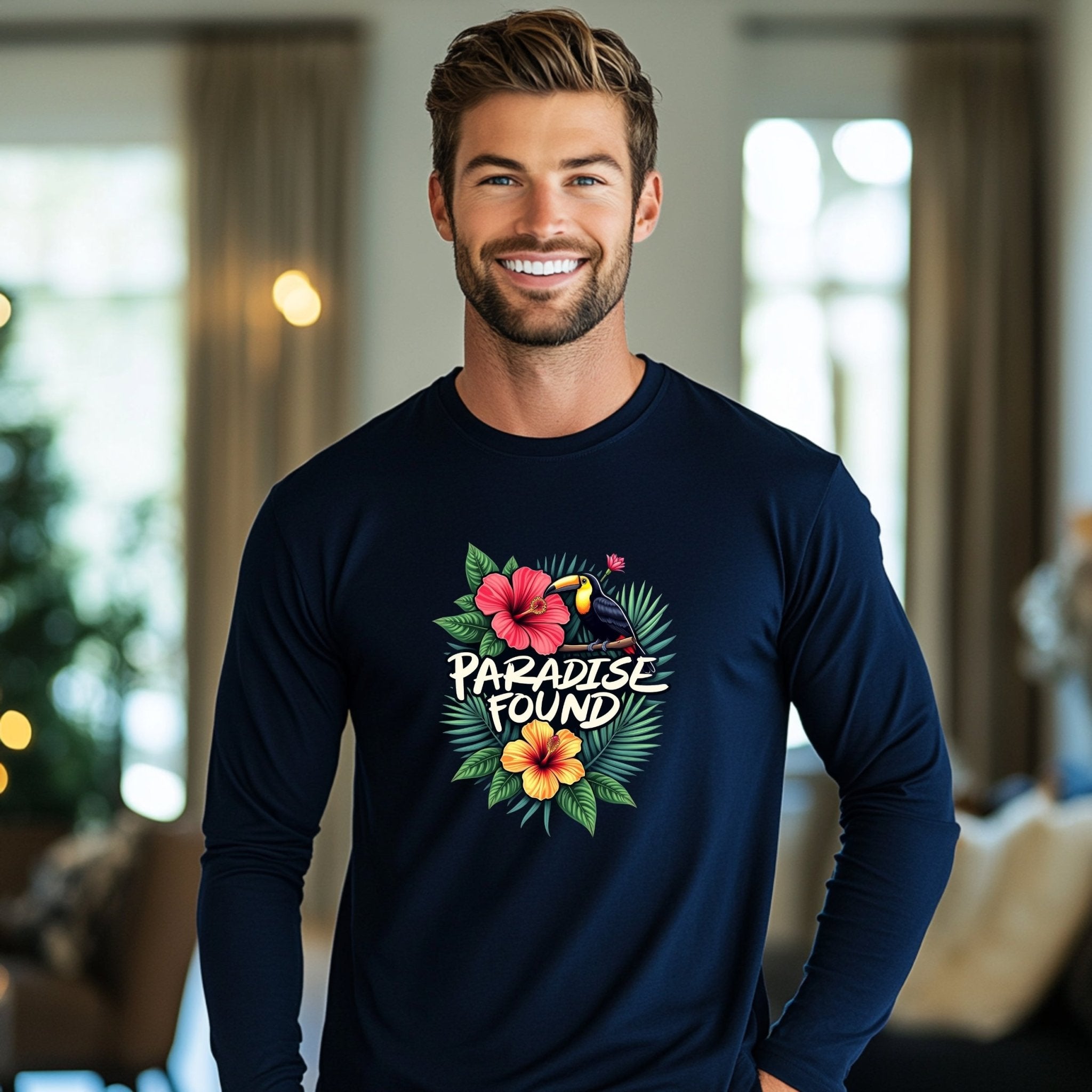 Tropical Paradise Toucan Long Sleeve T-Shirt, Paradise Found Hibiscus Flowers Shirt, Colorful Nature Bird Graphic Tee - Craig Michael Design