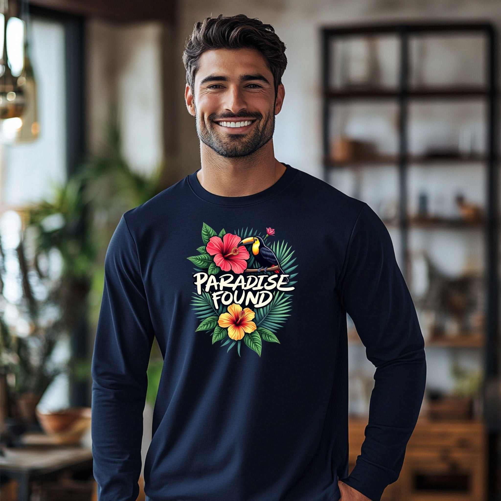 Tropical Paradise Toucan Long Sleeve T-Shirt, Paradise Found Hibiscus Flowers Shirt, Colorful Nature Bird Graphic Tee - Craig Michael Design