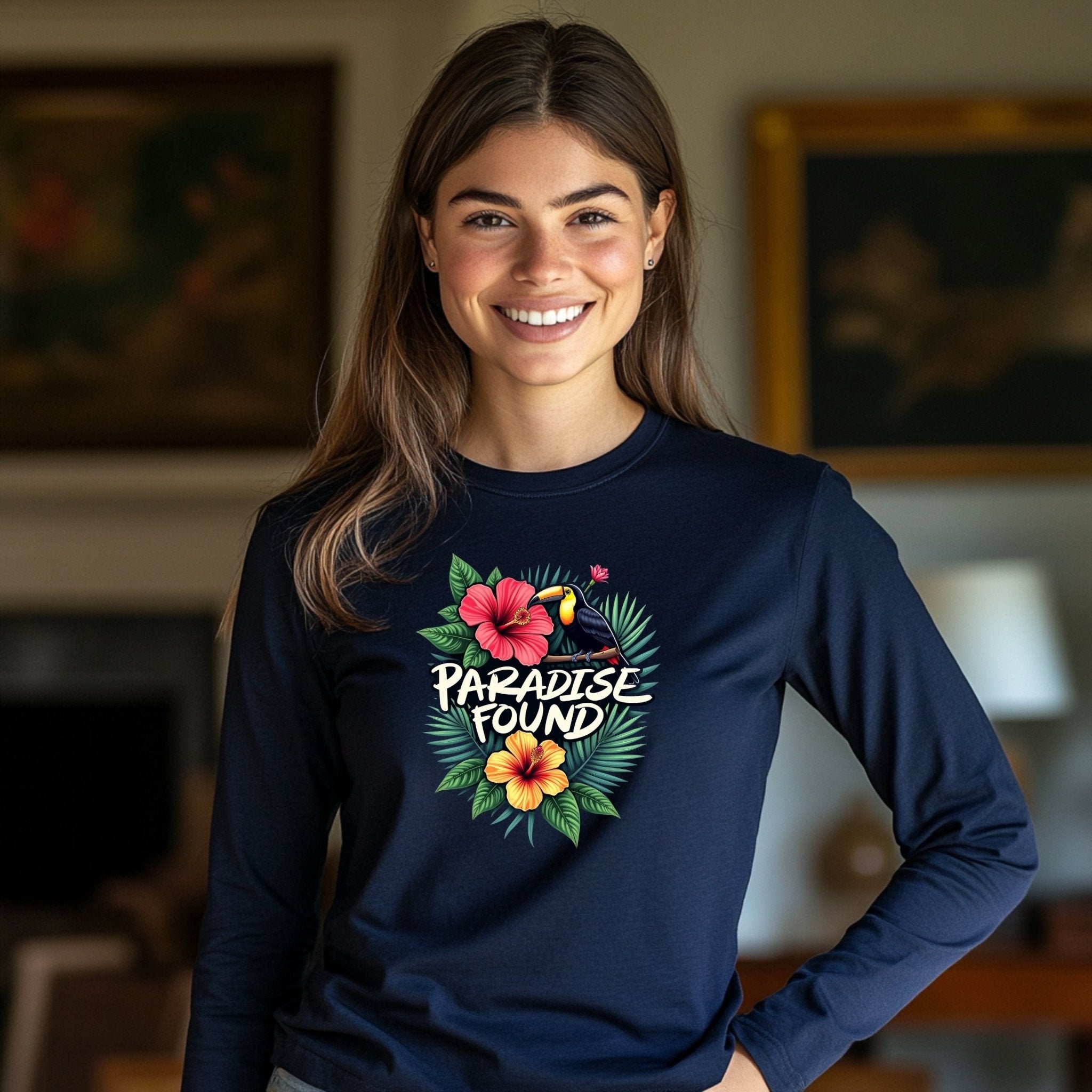 Tropical Paradise Toucan Long Sleeve T-Shirt, Paradise Found Hibiscus Flowers Shirt, Colorful Nature Bird Graphic Tee - Craig Michael Design