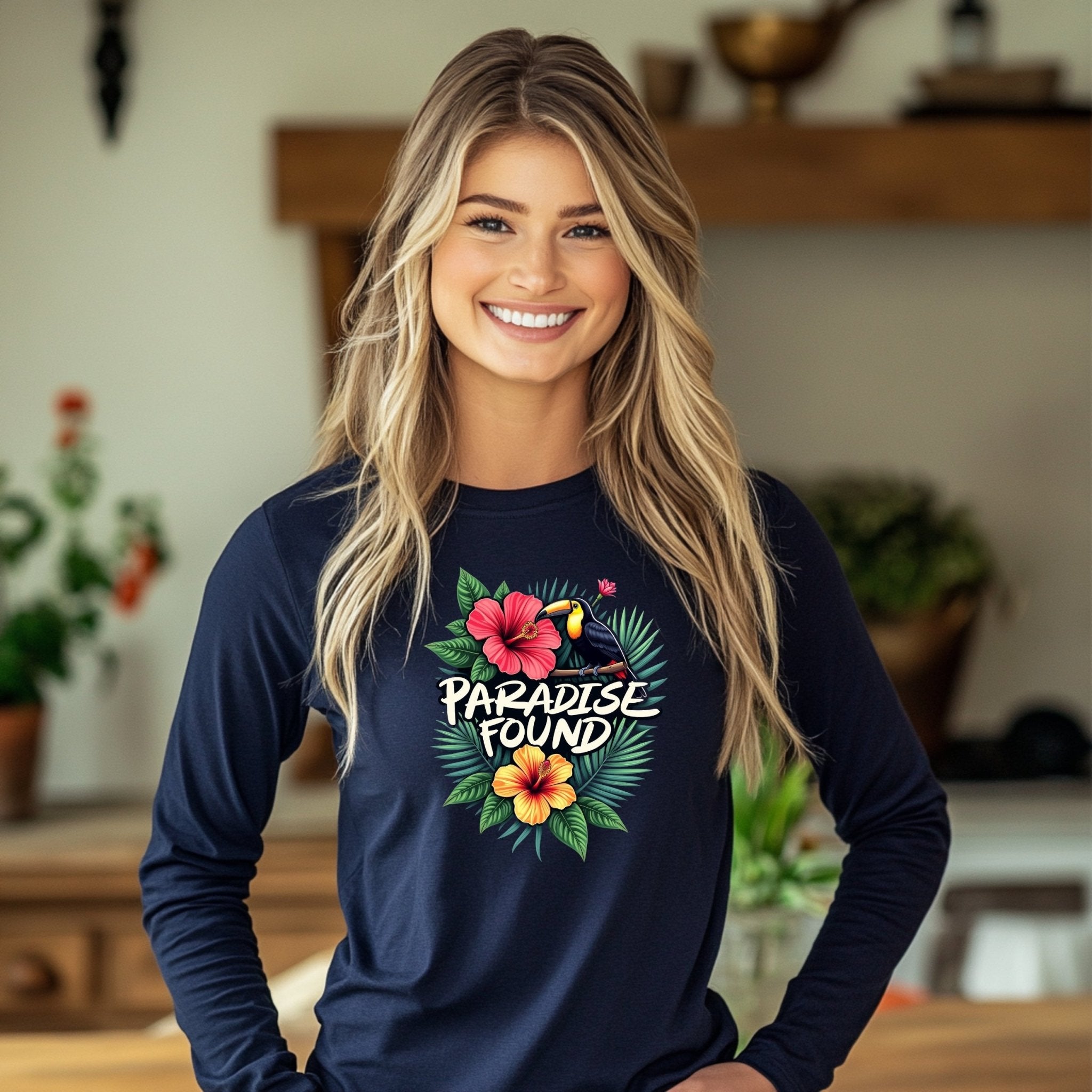 Tropical Paradise Toucan Long Sleeve T-Shirt, Paradise Found Hibiscus Flowers Shirt, Colorful Nature Bird Graphic Tee - Craig Michael Design