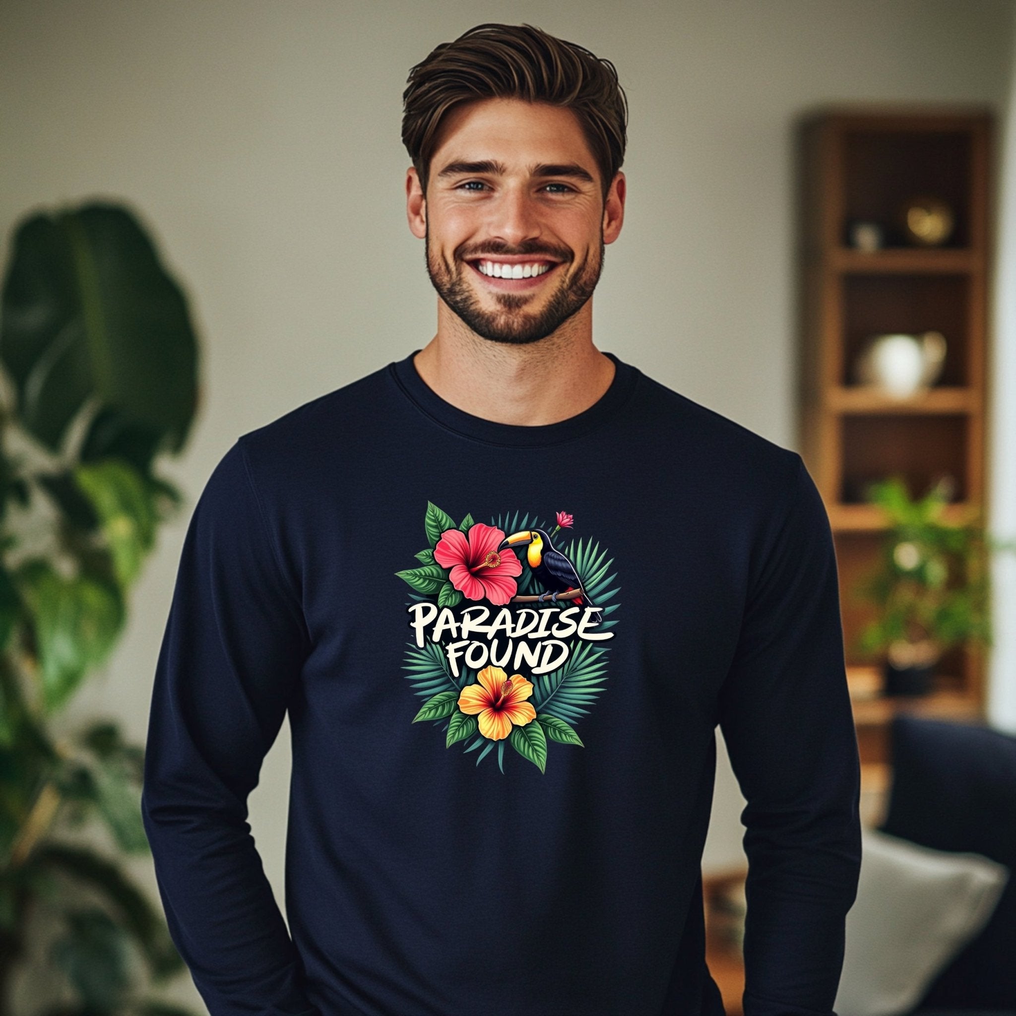 Tropical Paradise Toucan Long Sleeve T-Shirt, Paradise Found Hibiscus Flowers Shirt, Colorful Nature Bird Graphic Tee - Craig Michael Design