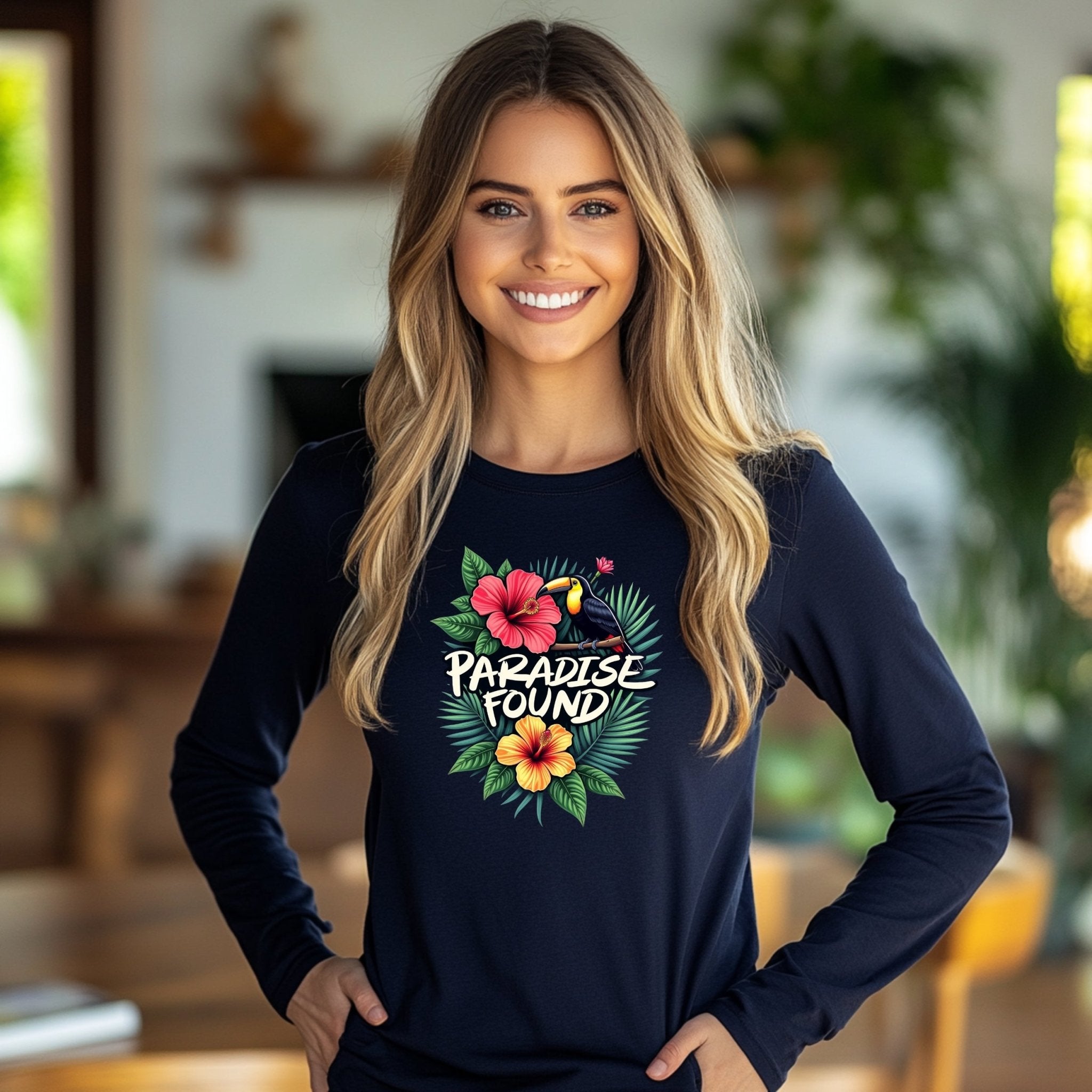 Tropical Paradise Toucan Long Sleeve T-Shirt, Paradise Found Hibiscus Flowers Shirt, Colorful Nature Bird Graphic Tee - Craig Michael Design