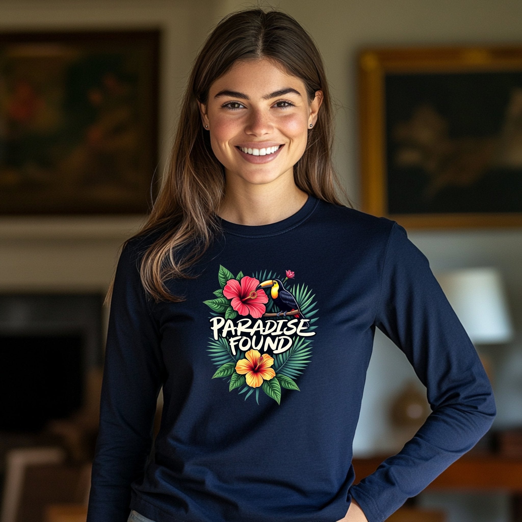 Tropical Paradise Toucan Long Sleeve T-Shirt, Paradise Found Hibiscus Flowers Shirt, Colorful Nature Bird Graphic Tee - Craig Michael Design