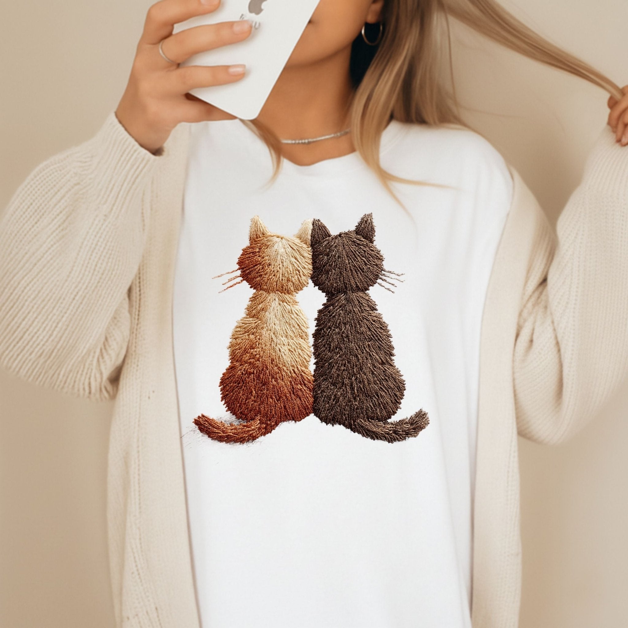 Two Cats Embroidered Style T-Shirt - Craig Michael Design