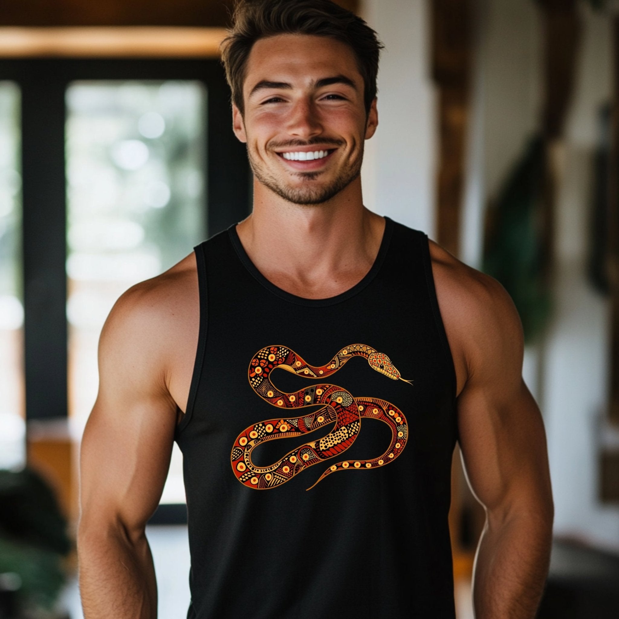 Unique Australian Indigenous snake tank top, Aboriginal art design T-shirt, Colorful reptile graphic tee, Nature inspired apparel - Craig Michael Design