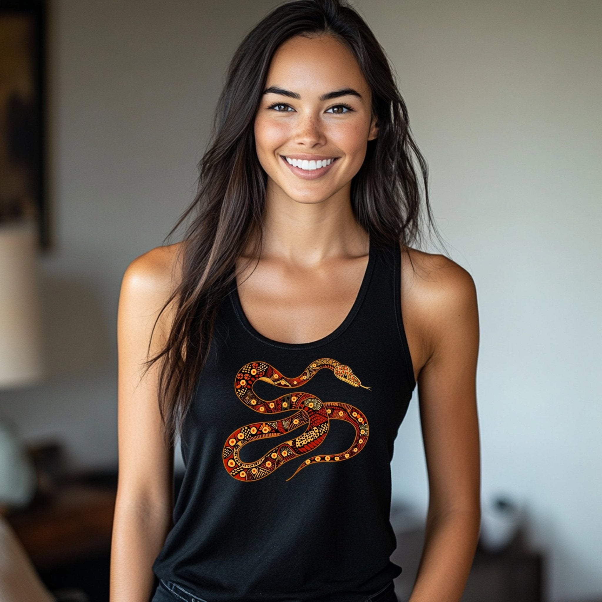 Unique Australian Indigenous snake tank top, Aboriginal art design T-shirt, Colorful reptile graphic tee, Nature inspired apparel - Craig Michael Design