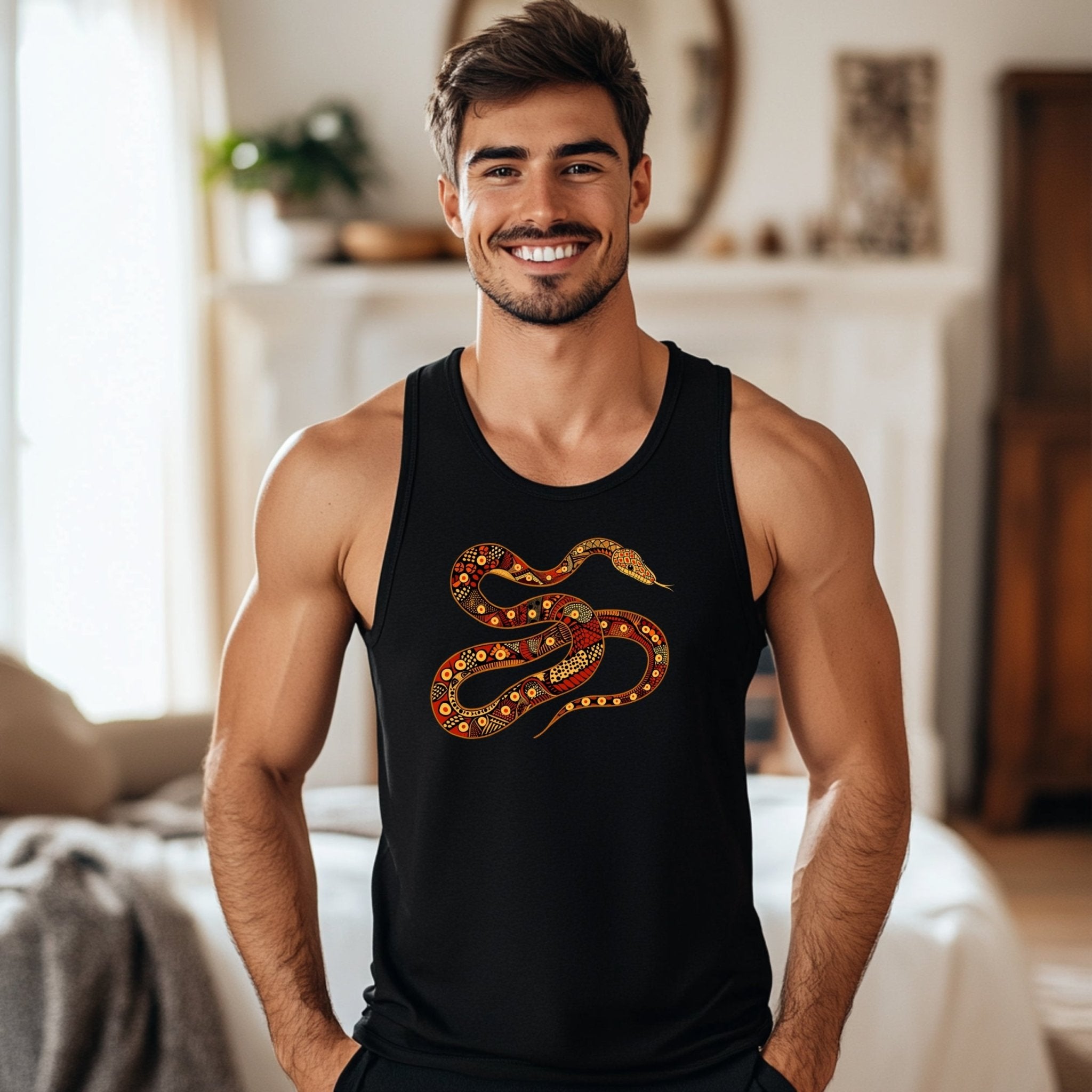 Unique Australian Indigenous snake tank top, Aboriginal art design T-shirt, Colorful reptile graphic tee, Nature inspired apparel - Craig Michael Design