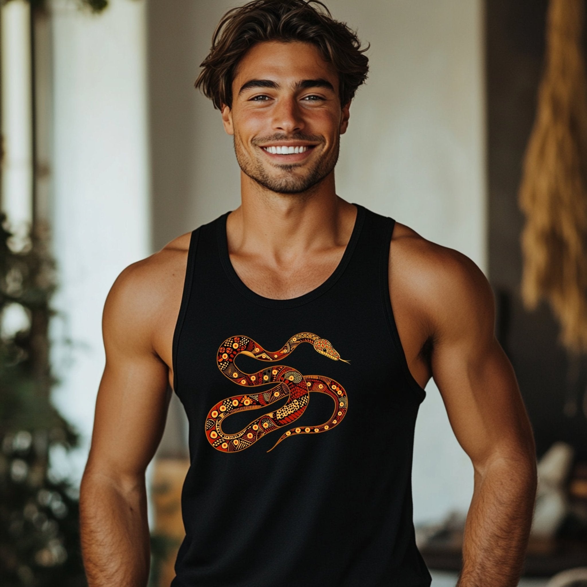 Unique Australian Indigenous snake tank top, Aboriginal art design T-shirt, Colorful reptile graphic tee, Nature inspired apparel - Craig Michael Design