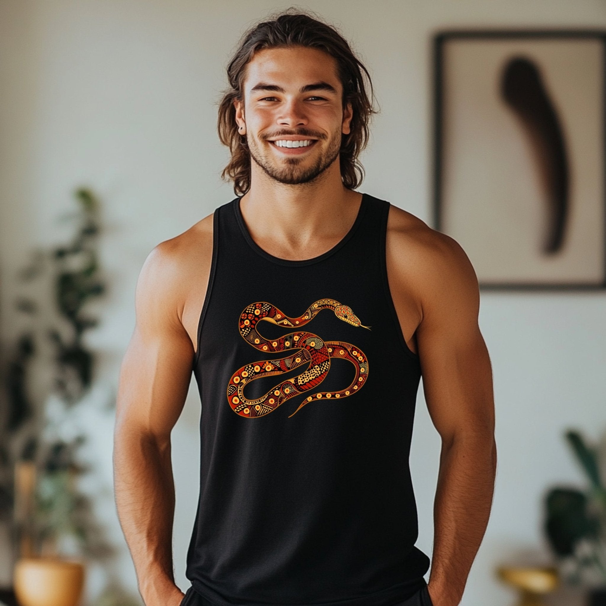 Unique Australian Indigenous snake tank top, Aboriginal art design T-shirt, Colorful reptile graphic tee, Nature inspired apparel - Craig Michael Design