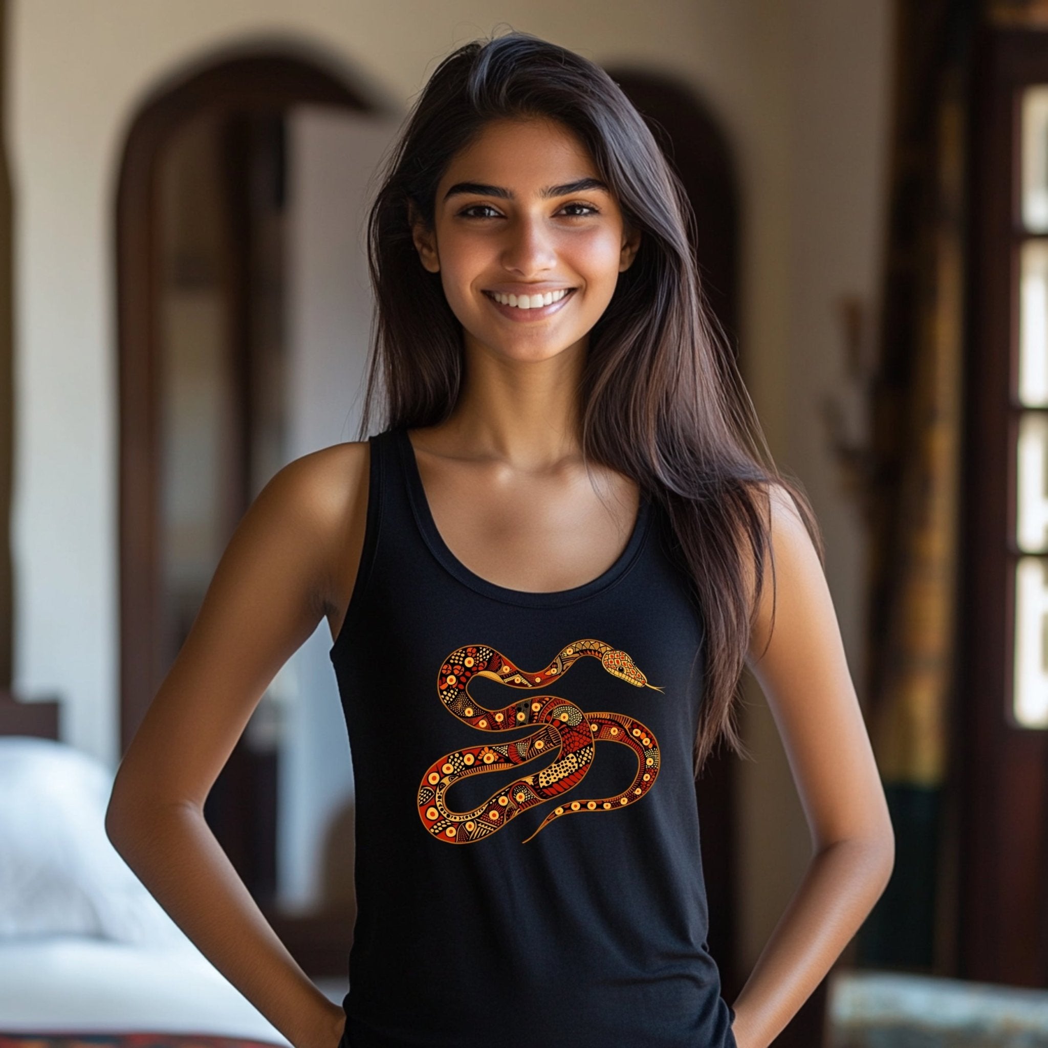 Unique Australian Indigenous snake tank top, Aboriginal art design T-shirt, Colorful reptile graphic tee, Nature inspired apparel - Craig Michael Design