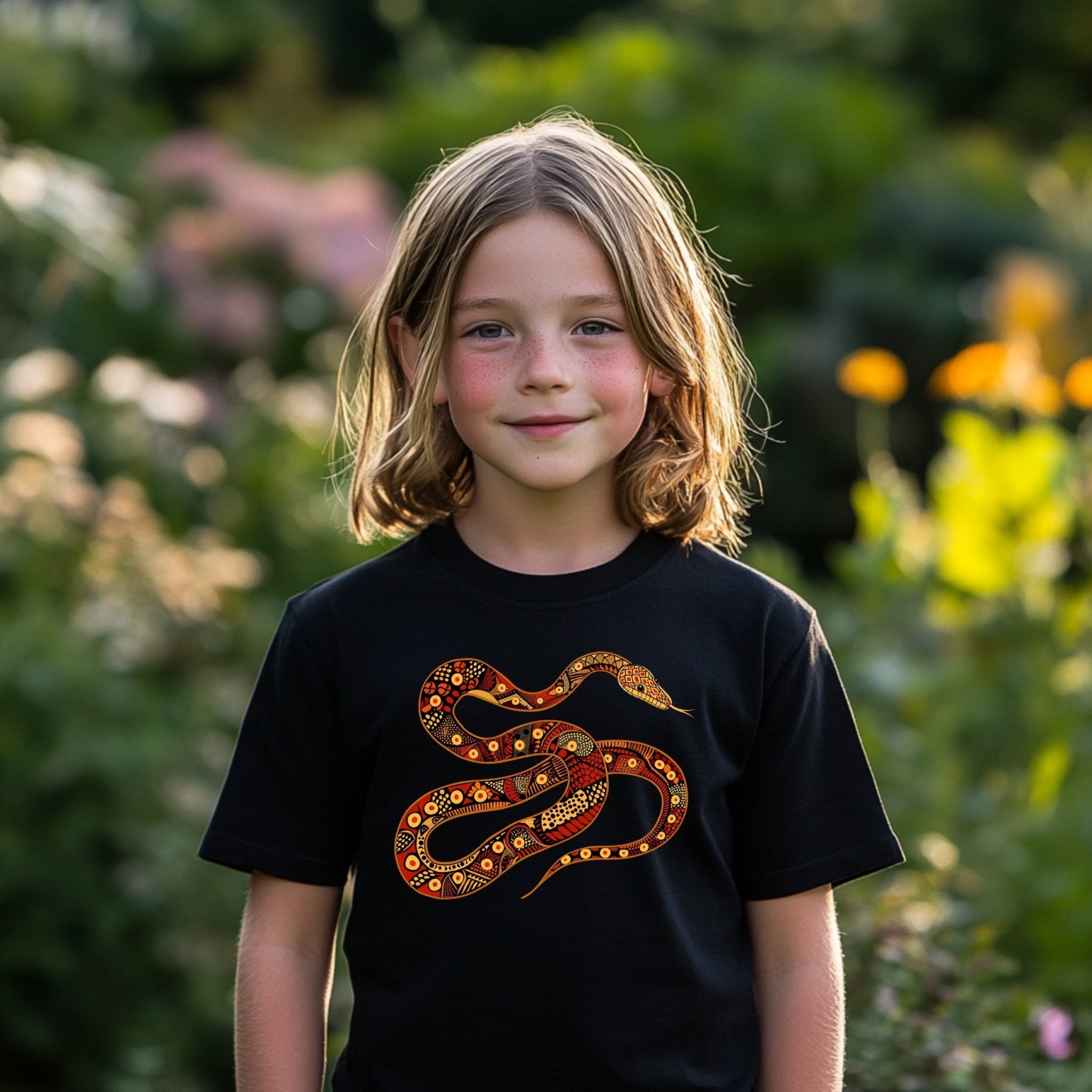 Unique Snake Art T-Shirt, Bold Serpent Graphic Tee, Tribal Design Snake Shirt, Artistic Reptile Print, Colorful Snake Illustration - Craig Michael Design