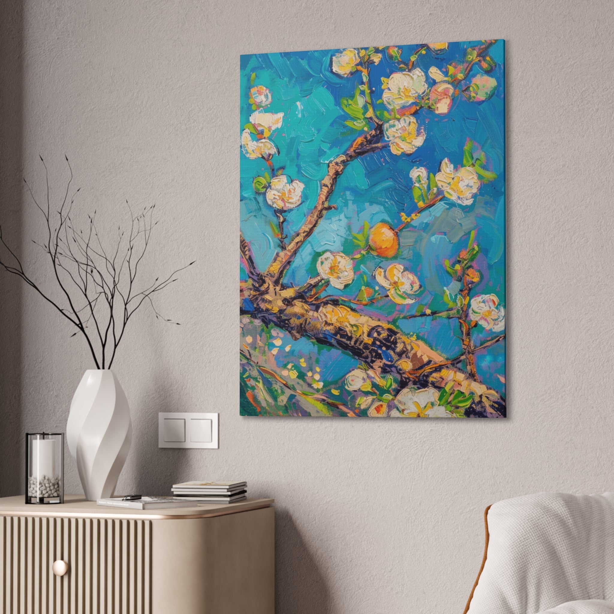 Vibrant abstract impressionist painting, oil pastel artwork, apricot blossoms, plum blossoms, Spring Awakening on Canvas - Craig Michael Design