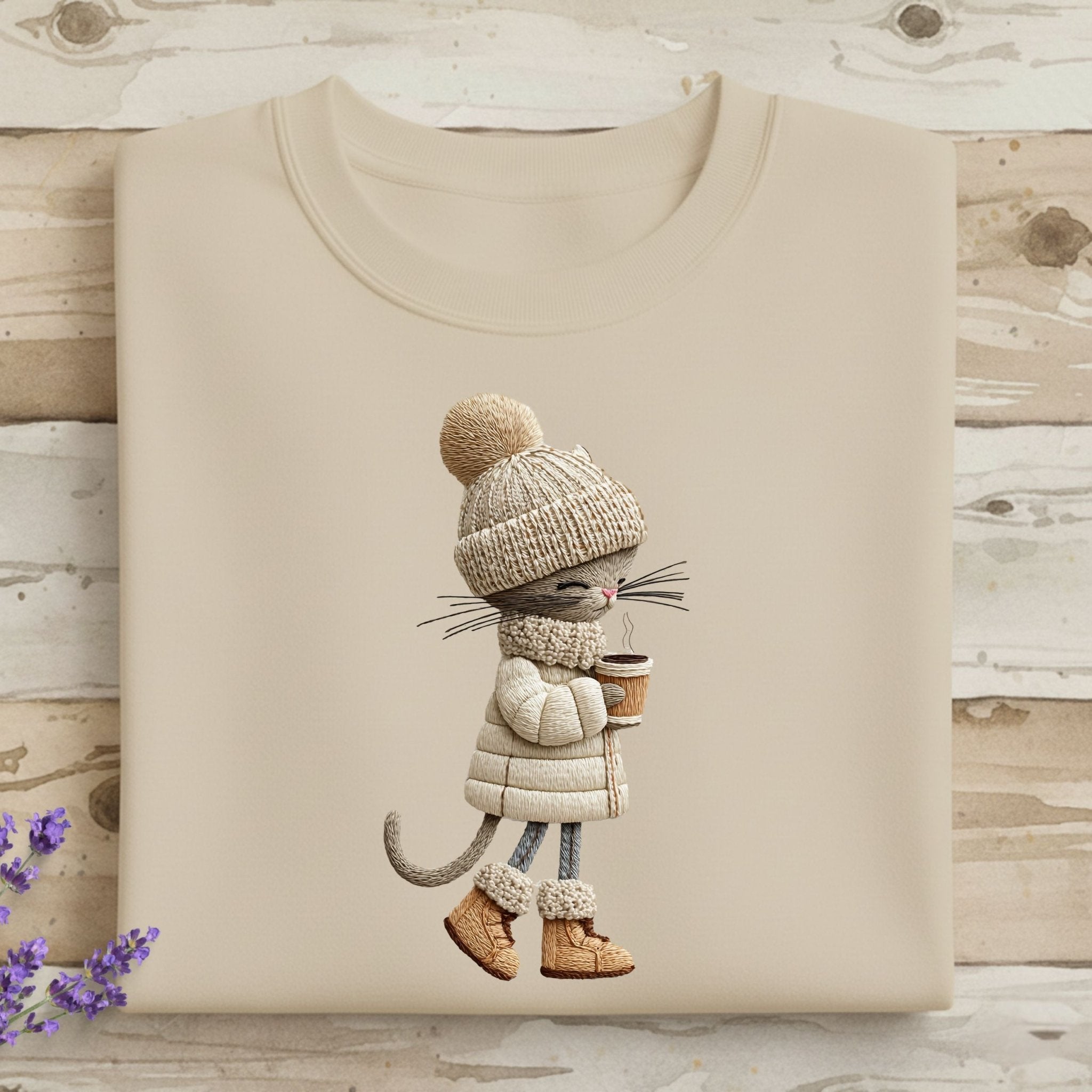 Winter Coffee Cat T-Shirt – Cozy Embroidered Style - Craig Michael Design