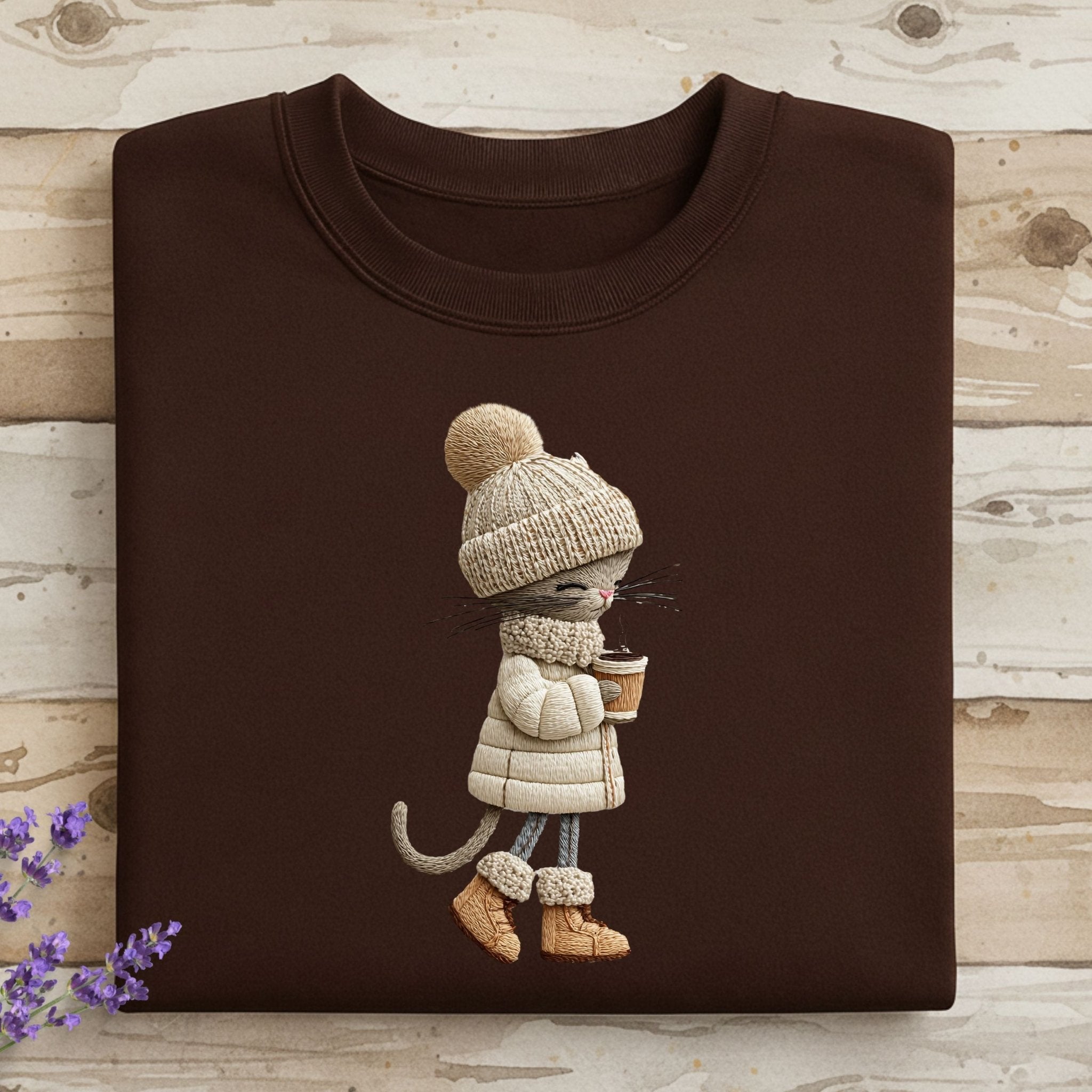 Winter Coffee Cat T-Shirt – Cozy Embroidered Style - Craig Michael Design