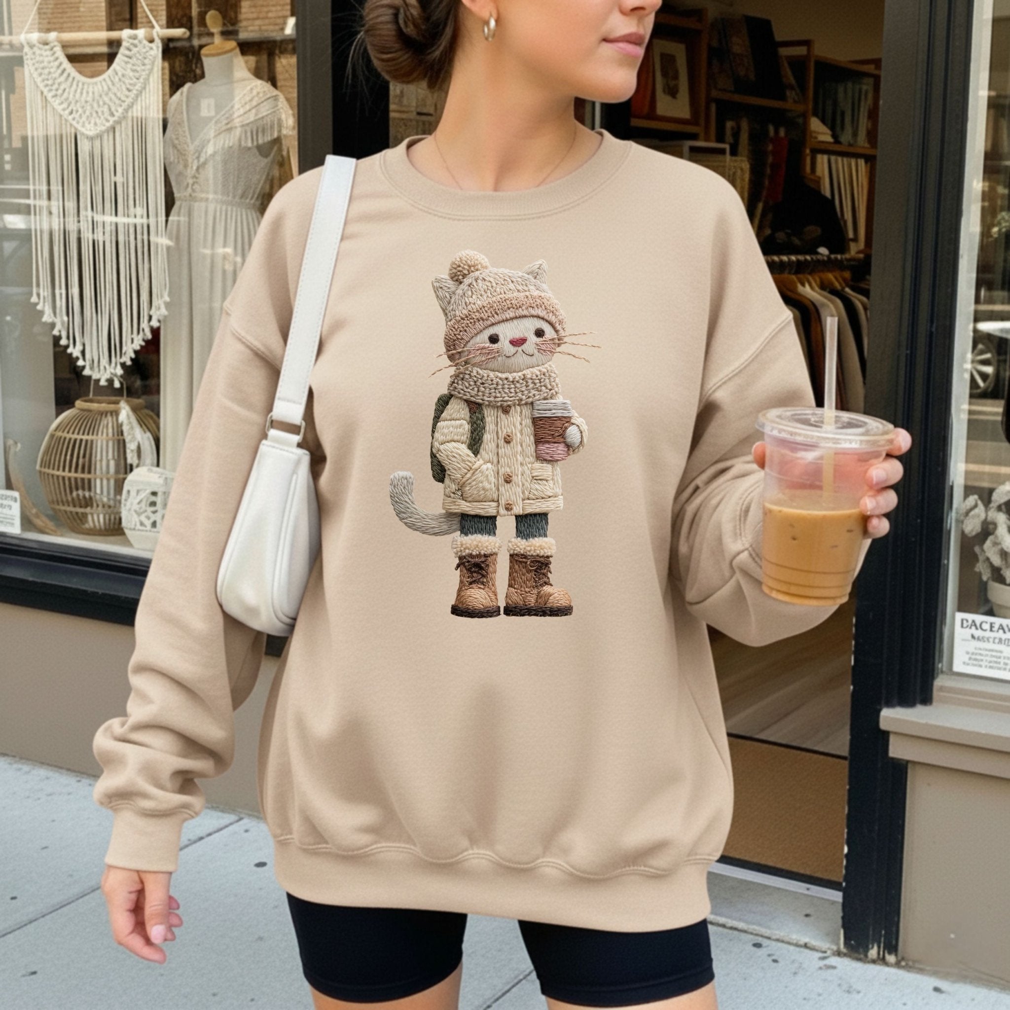 Winter Snuggly Cat Sweatshirt – Embroidered Style - Craig Michael Design