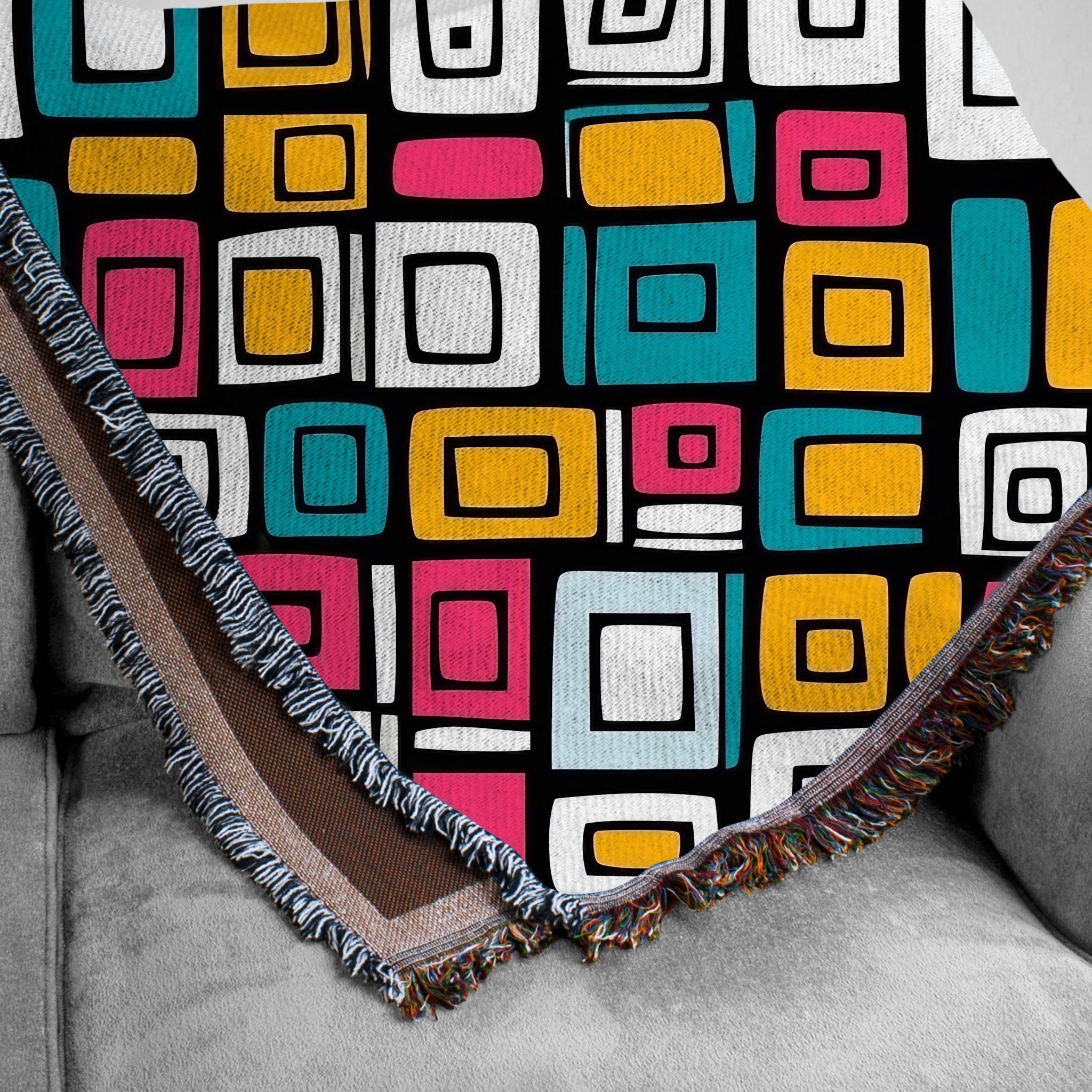 Woven Blanket - Colourful Retro Geometric Squares Cozy Throw for Couch or Bed - Craig Michael Design