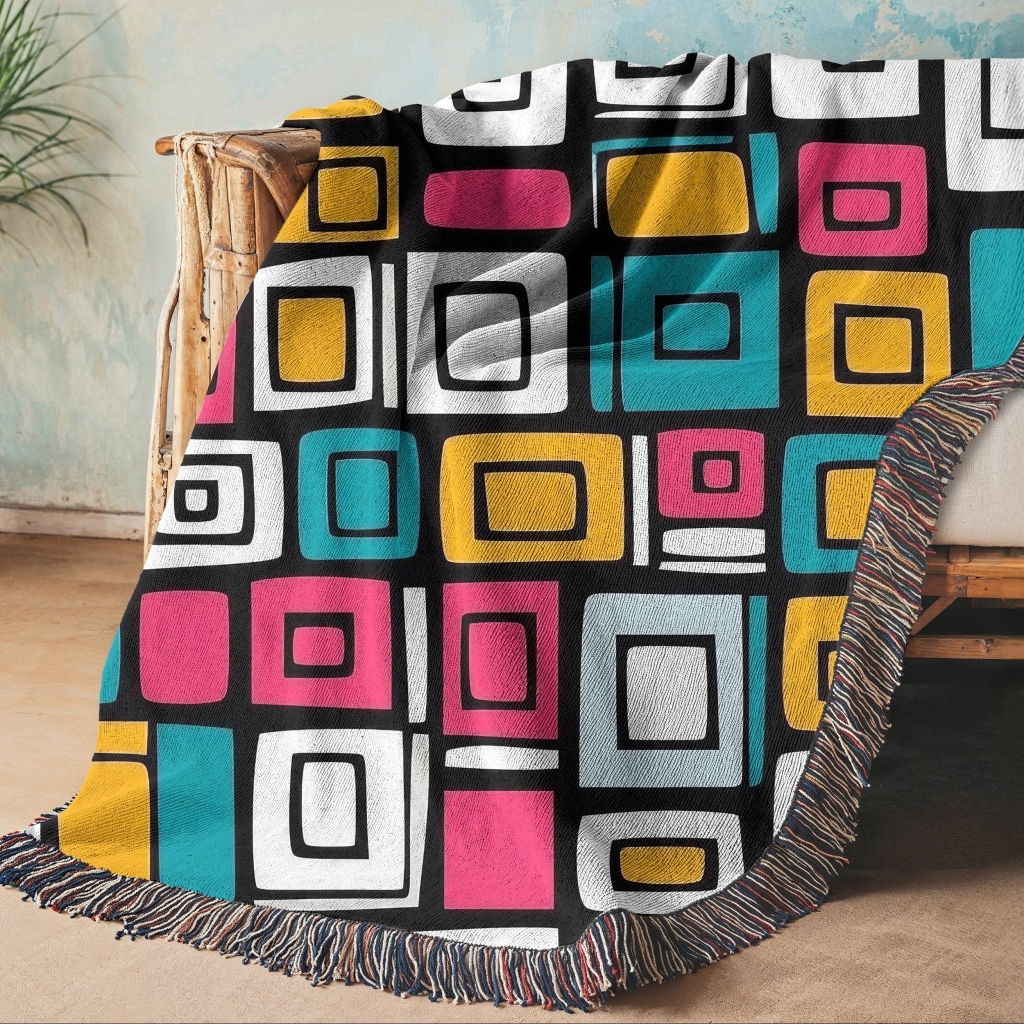 Woven Blanket - Colourful Retro Geometric Squares Cozy Throw for Couch or Bed - Craig Michael Design