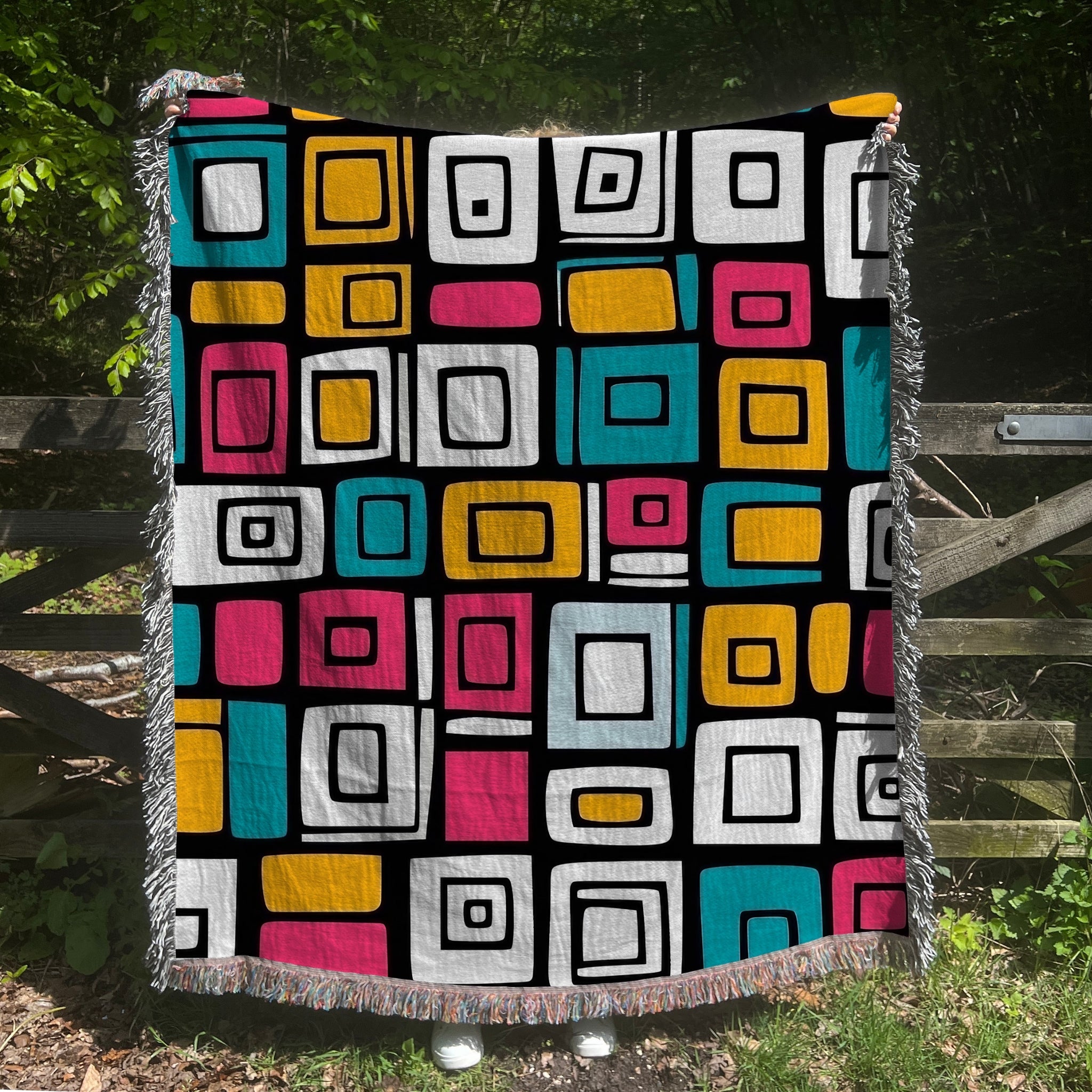 Woven Blanket - Colourful Retro Geometric Squares Cozy Throw for Couch or Bed - Craig Michael Design