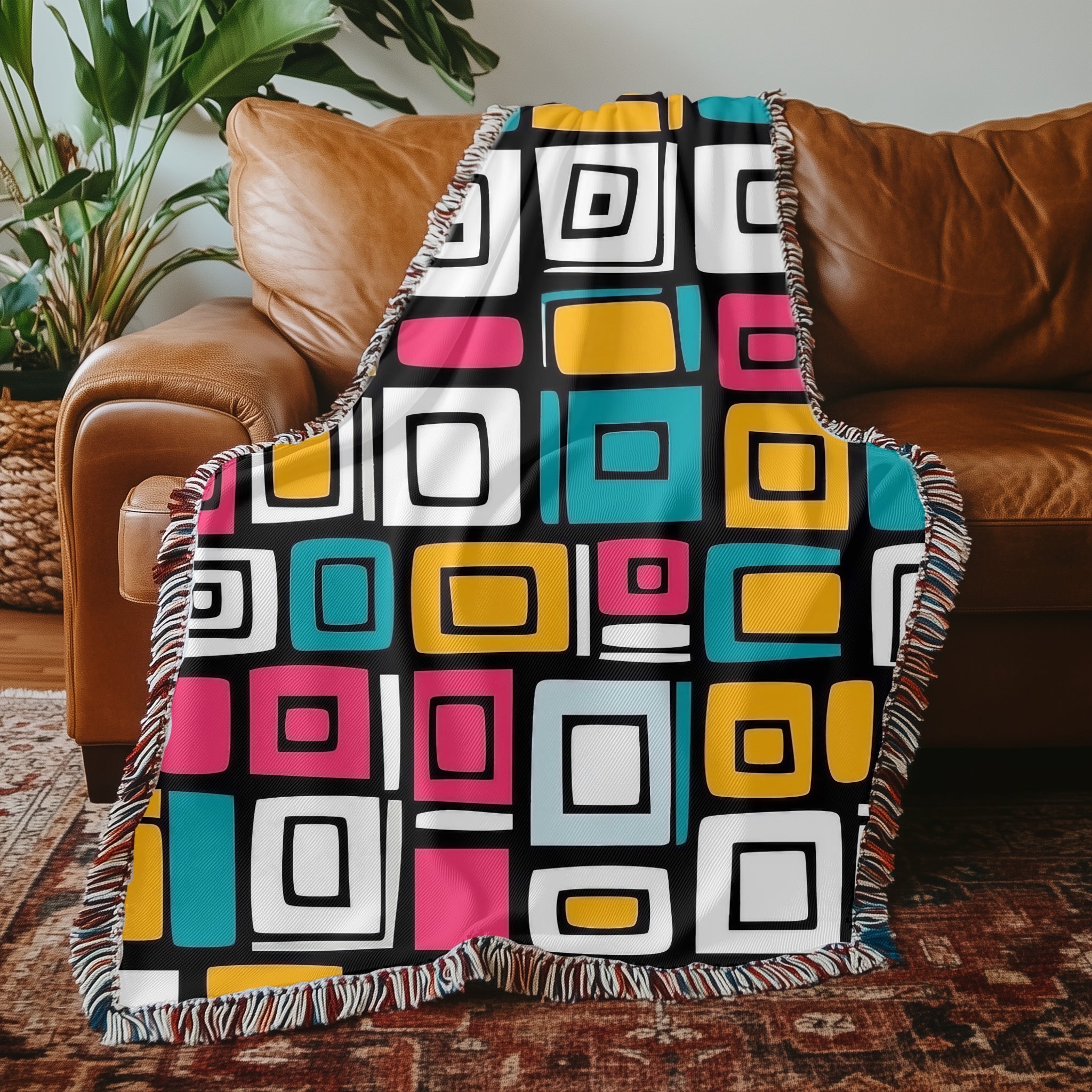 Woven Blanket - Colourful Retro Geometric Squares Cozy Throw for Couch or Bed - Craig Michael Design